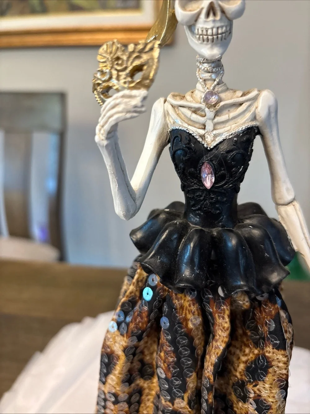 Bella Lux Halloween Skeleton Bow Mask Lady Figurine Leopard Sequin Dress